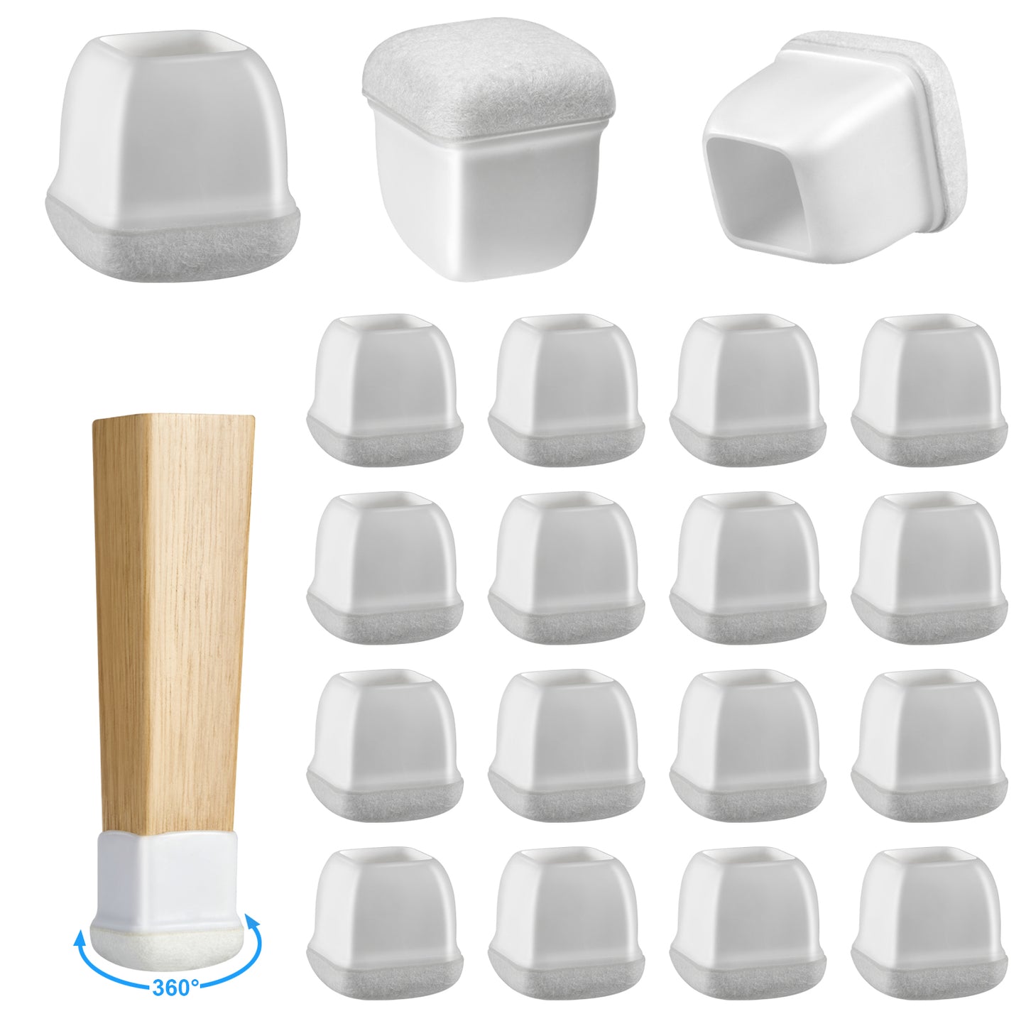 16 Pack Chair Leg Floor Protectors Square for Hardwood Floors, Rubber Furniture Sliders, 360°Felt Pad Bottom Wrapped Thickening Silicone Furniture Legs Caps Covers