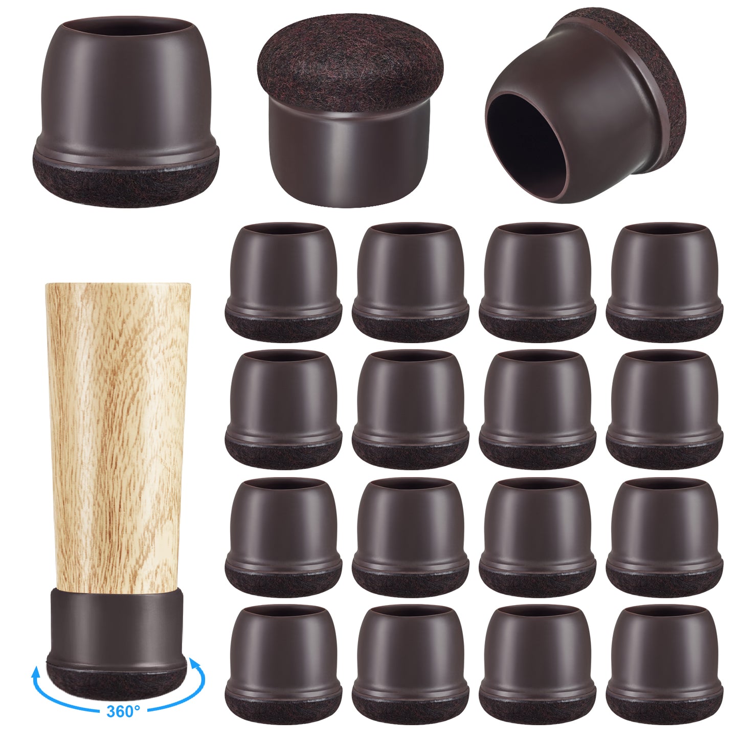 16 Pack Chair Leg Floor Protectors for Hardwood Floors, Round Rubber Furniture Sliders, 360°Felt Pad Bottom Wrapped Thickening Silicone Furniture Legs Caps Covers