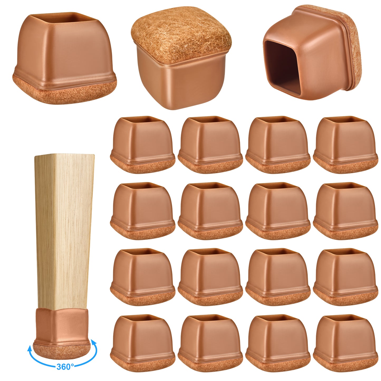 16 Pack Chair Leg Floor Protectors Square for Hardwood Floors, Rubber Furniture Sliders, 360°Felt Pad Bottom Wrapped Thickening Silicone Furniture Legs Caps Covers