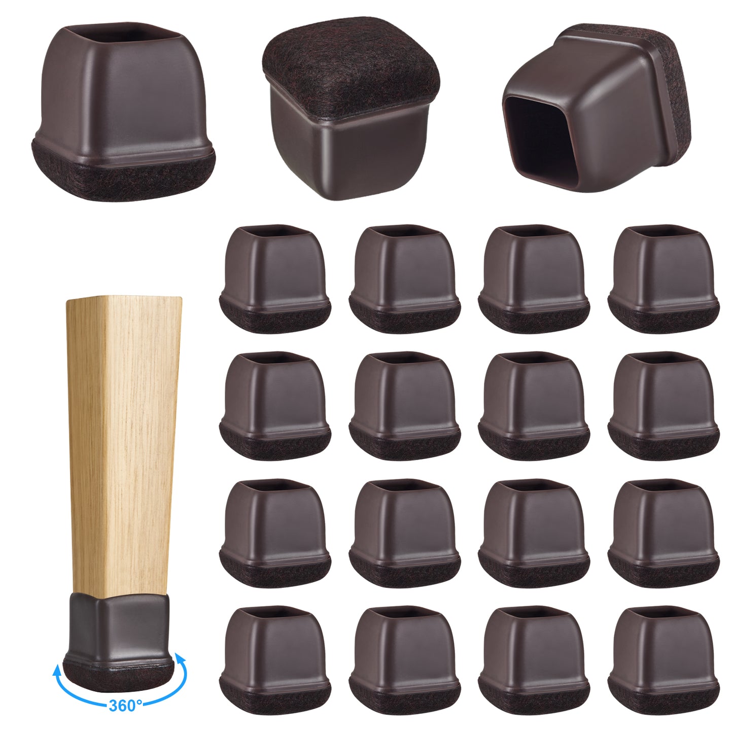 16 Pack Chair Leg Floor Protectors Square for Hardwood Floors, Rubber Furniture Sliders, 360°Felt Pad Bottom Wrapped Thickening Silicone Furniture Legs Caps Covers