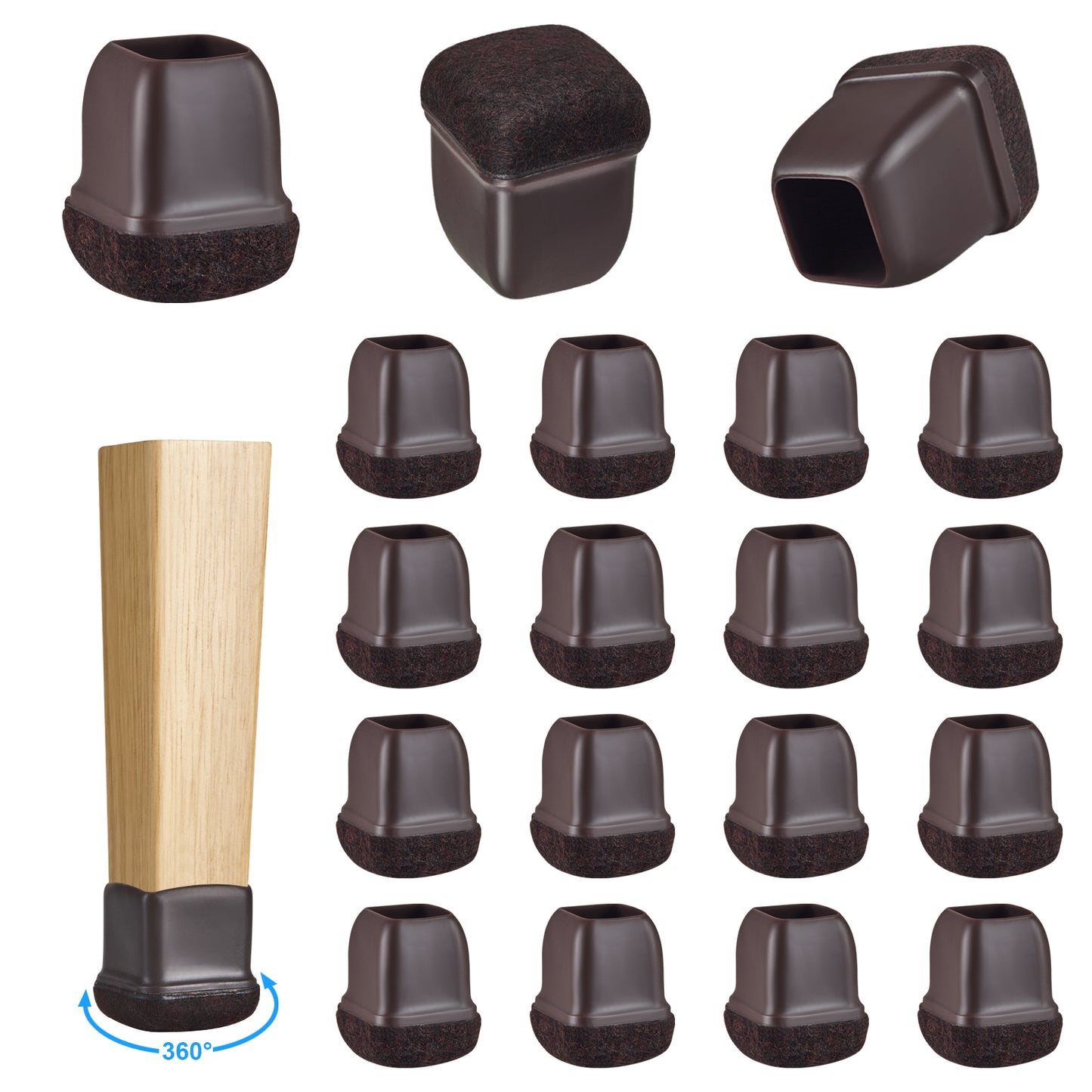 16 Pack Chair Leg Floor Protectors Square for Hardwood Floors, Rubber Furniture Sliders, 360°Felt Pad Bottom Wrapped Thickening Silicone Furniture Legs Caps Covers