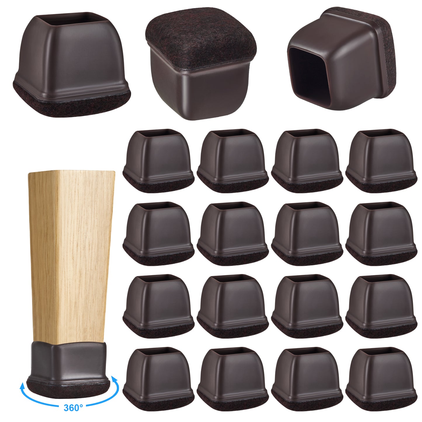 16 Pack Chair Leg Floor Protectors Square for Hardwood Floors, Rubber Furniture Sliders, 360°Felt Pad Bottom Wrapped Thickening Silicone Furniture Legs Caps Covers