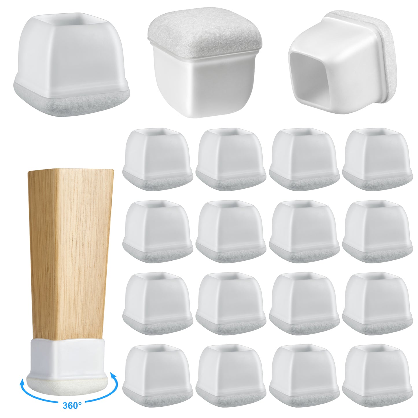 16 Pack Chair Leg Floor Protectors Square for Hardwood Floors, Rubber Furniture Sliders, 360°Felt Pad Bottom Wrapped Thickening Silicone Furniture Legs Caps Covers