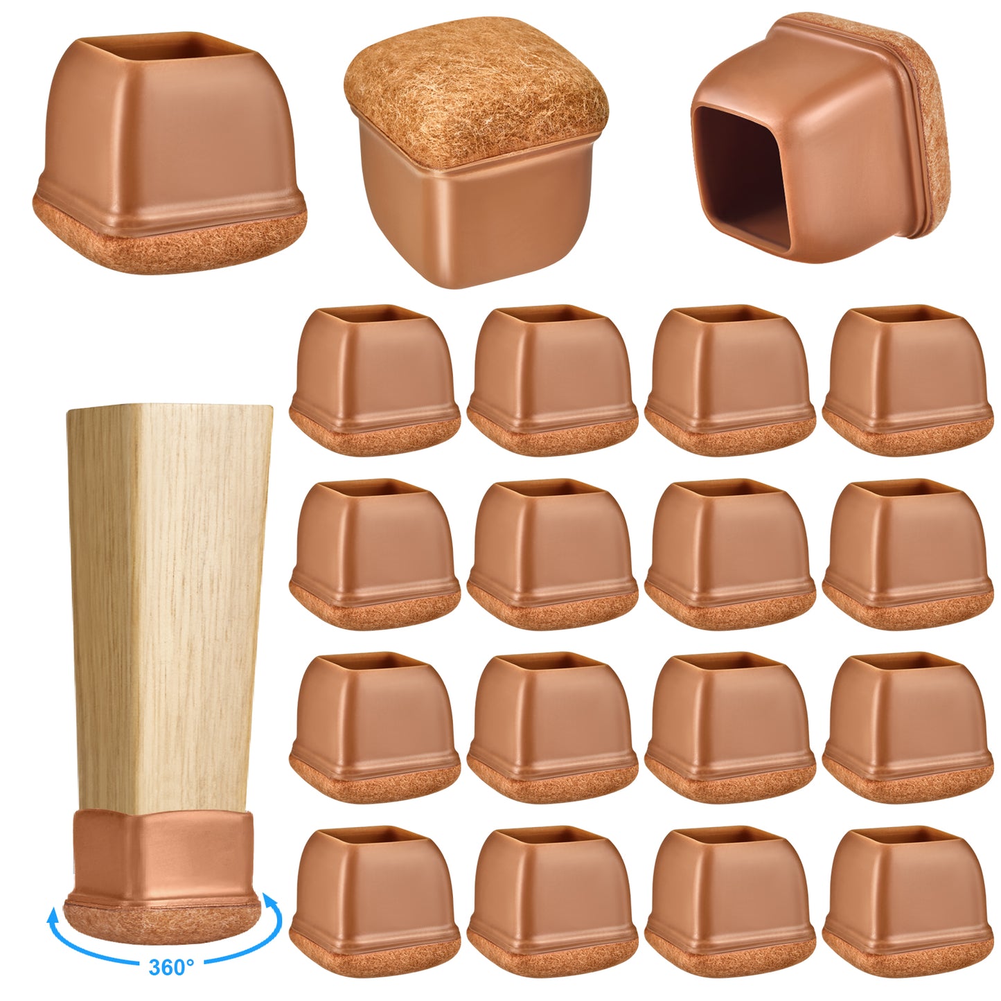 16 Pack Chair Leg Floor Protectors Square for Hardwood Floors, Rubber Furniture Sliders, 360°Felt Pad Bottom Wrapped Thickening Silicone Furniture Legs Caps Covers
