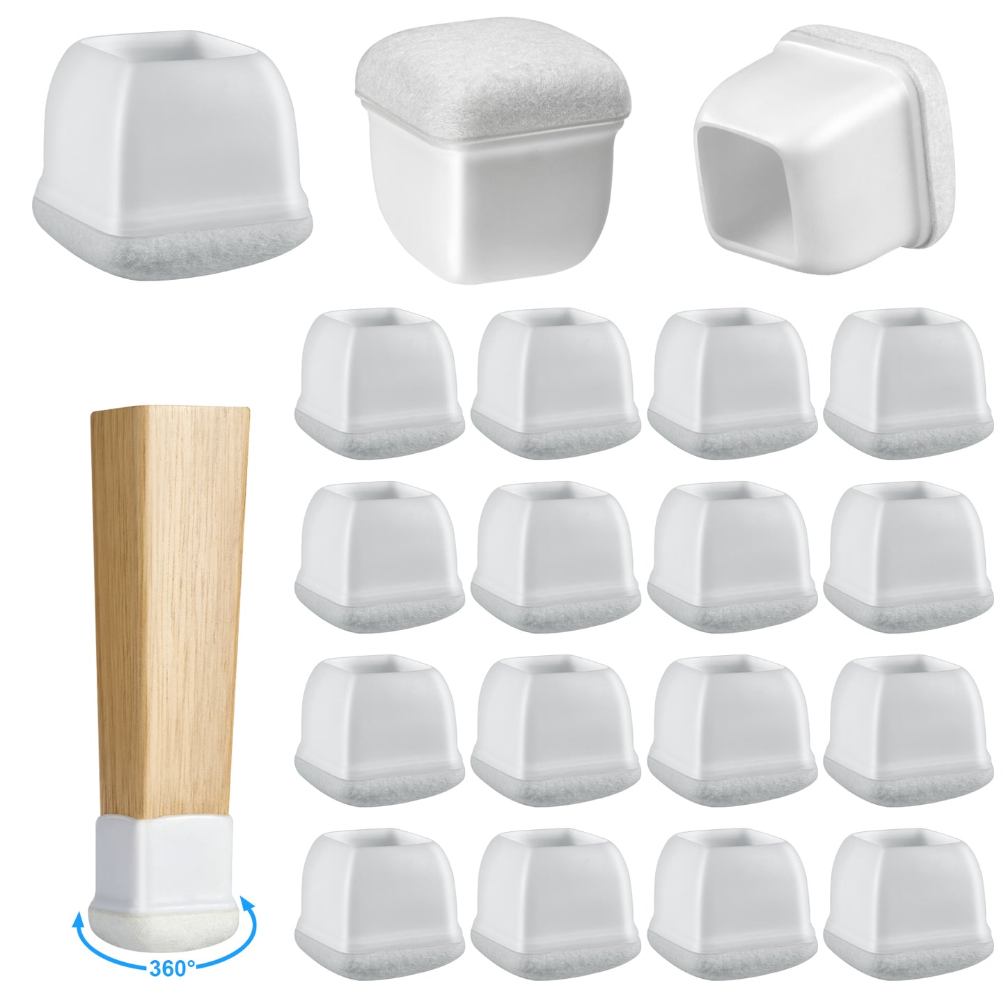 16 Pack Chair Leg Floor Protectors Square for Hardwood Floors, Rubber Furniture Sliders, 360°Felt Pad Bottom Wrapped Thickening Silicone Furniture Legs Caps Covers