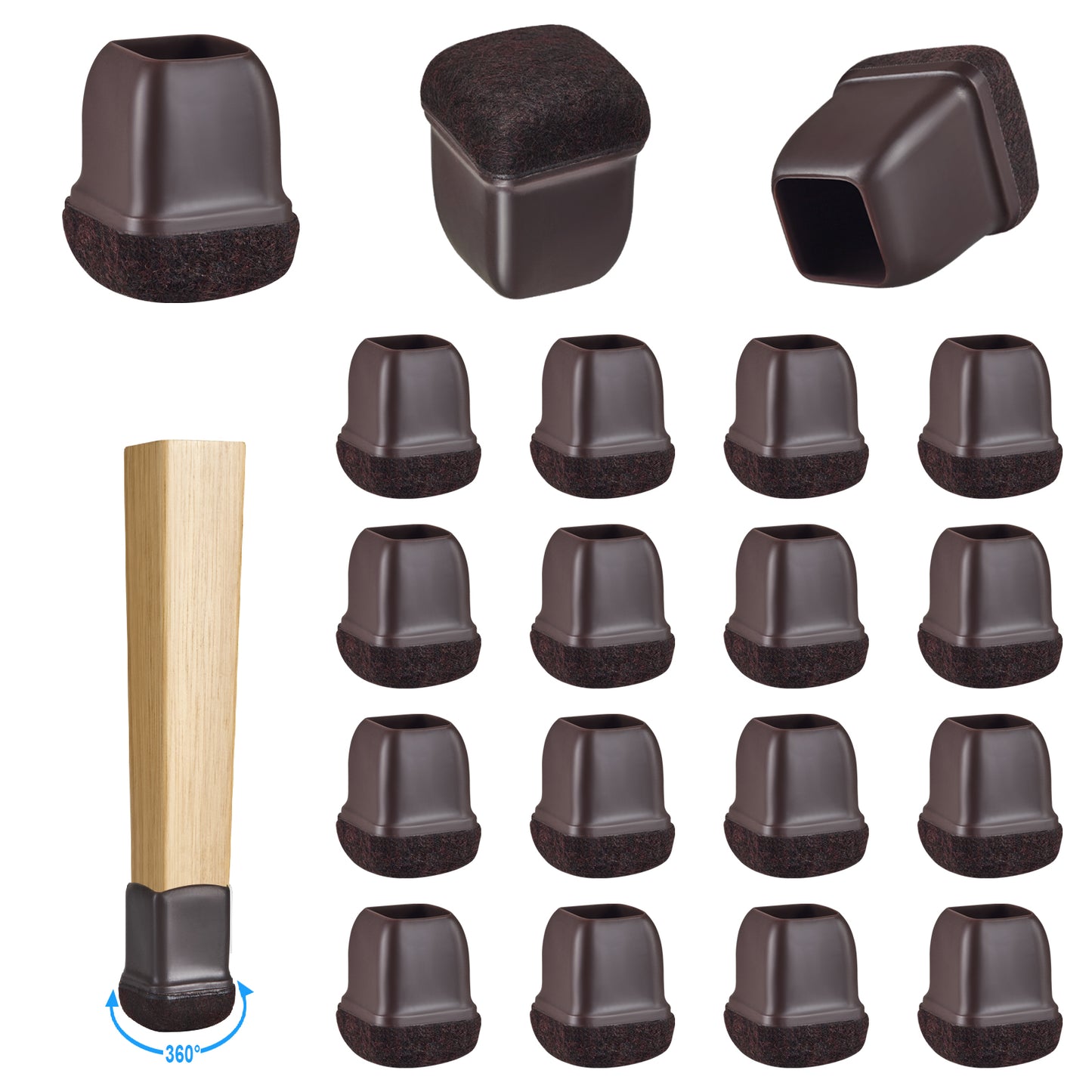 16 Pack Chair Leg Floor Protectors Square for Hardwood Floors, Rubber Furniture Sliders, 360°Felt Pad Bottom Wrapped Thickening Silicone Furniture Legs Caps Covers