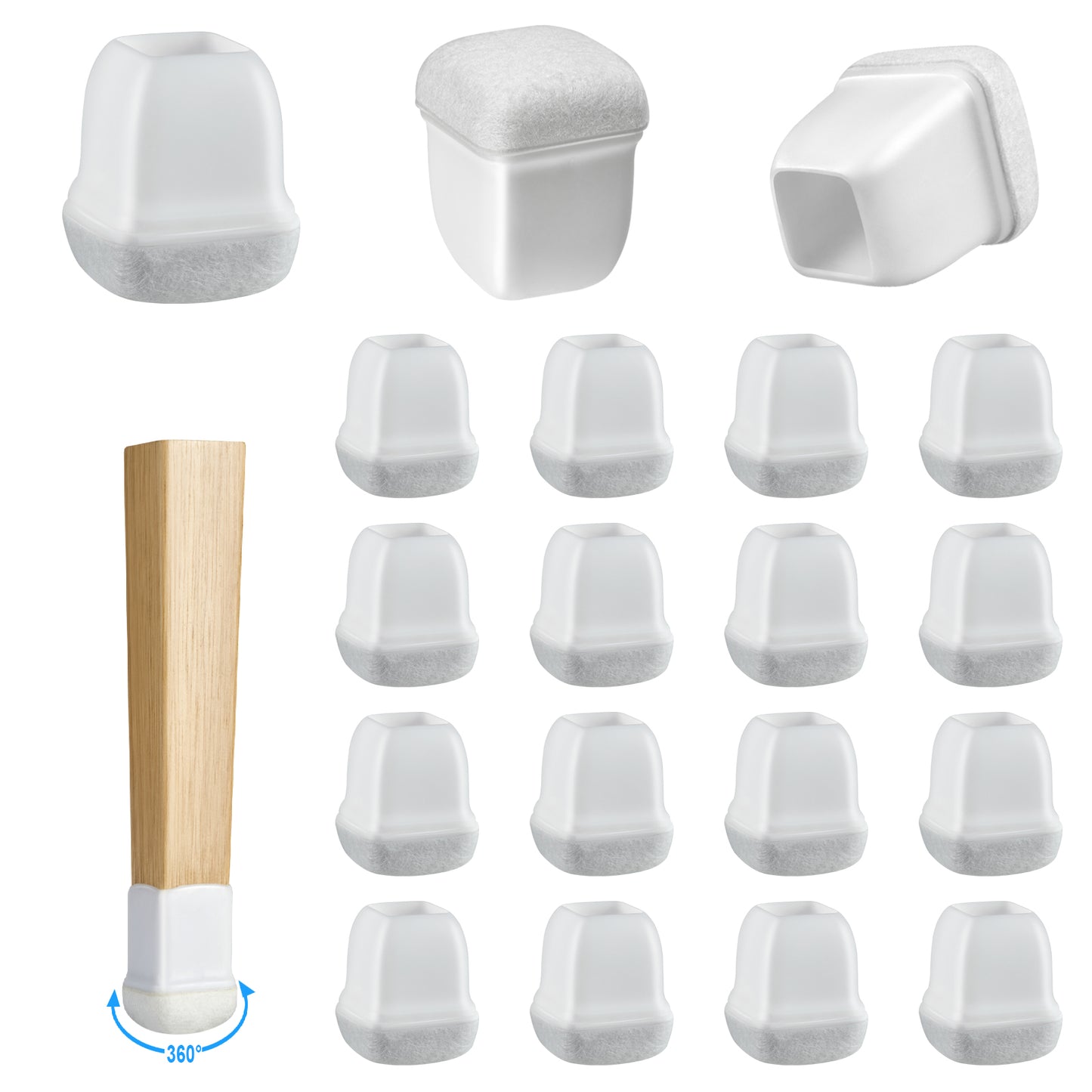 16 Pack Chair Leg Floor Protectors Square for Hardwood Floors, Rubber Furniture Sliders, 360°Felt Pad Bottom Wrapped Thickening Silicone Furniture Legs Caps Covers