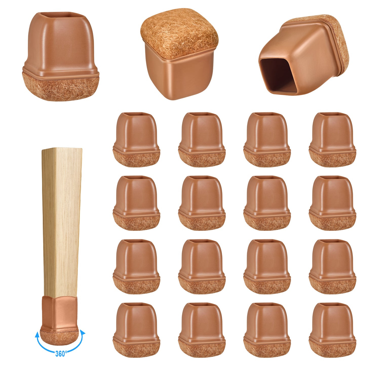 16 Pack Chair Leg Floor Protectors Square for Hardwood Floors, Rubber Furniture Sliders, 360°Felt Pad Bottom Wrapped Thickening Silicone Furniture Legs Caps Covers