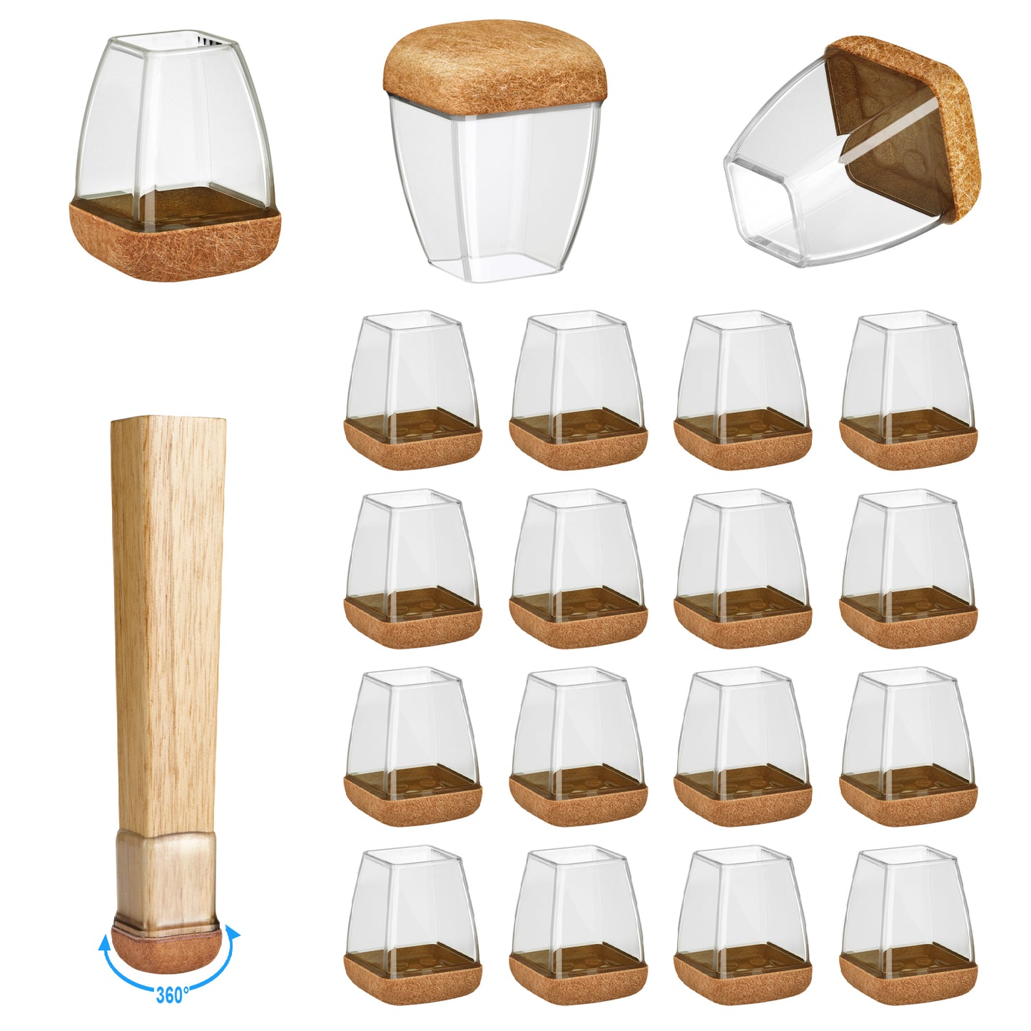 16 Pack Chair Leg Floor Protectors Square for Hardwood Floors, Rubber Furniture Sliders, 360°Felt Pad Bottom Wrapped Thickening Silicone Furniture Legs Caps Covers