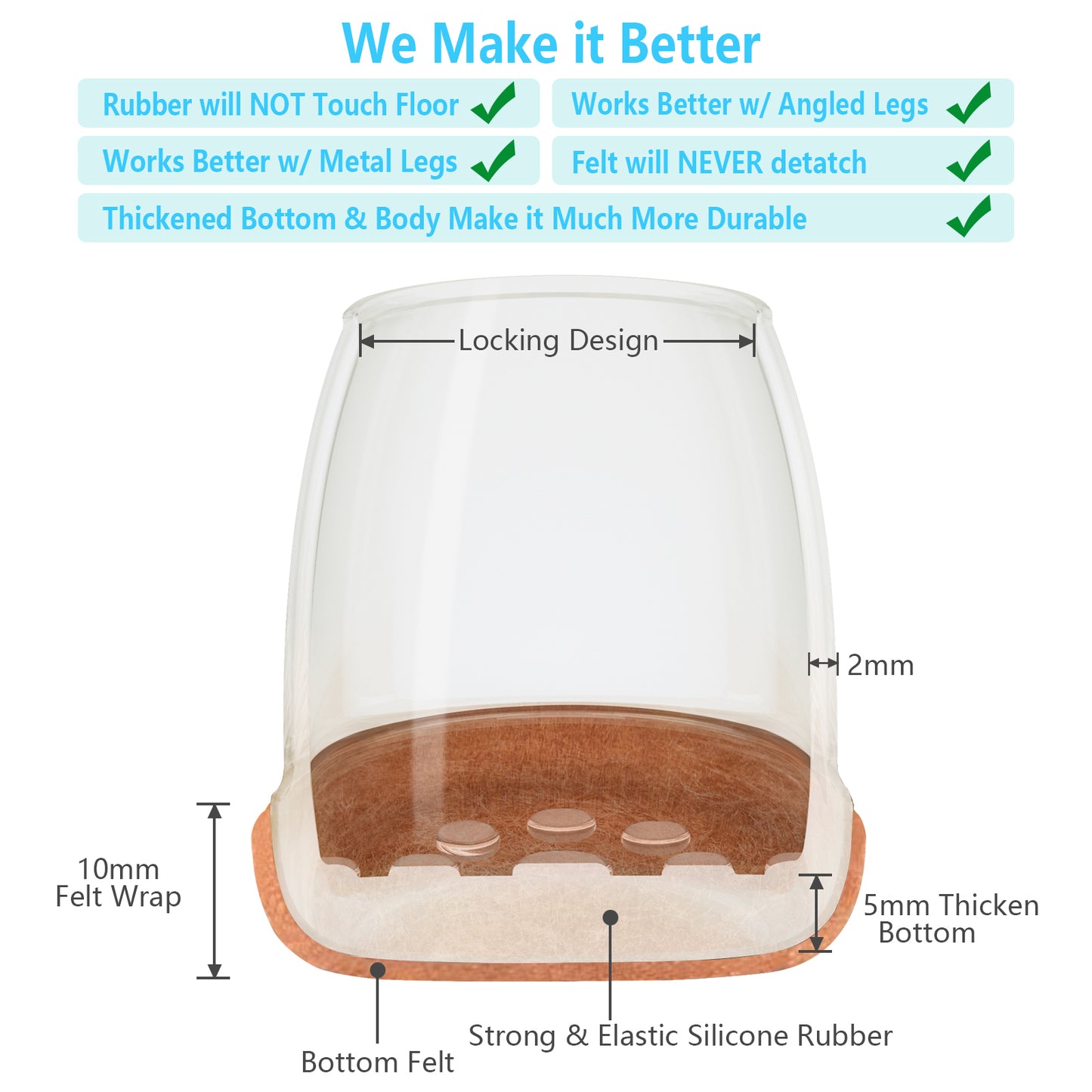 16 Pack Chair Leg Floor Protectors Square for Hardwood Floors, Rubber Furniture Sliders, 360°Felt Pad Bottom Wrapped Thickening Silicone Furniture Legs Caps Covers