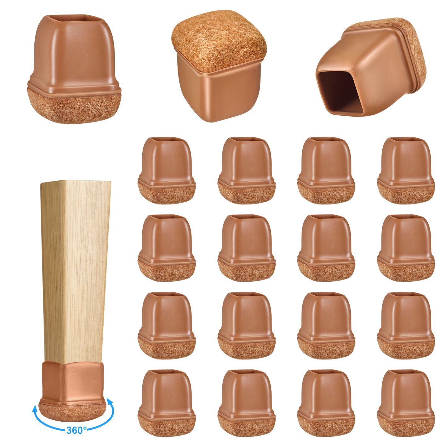 16 Pack Chair Leg Floor Protectors Square for Hardwood Floors, Rubber Furniture Sliders, 360°Felt Pad Bottom Wrapped Thickening Silicone Furniture Legs Caps Covers