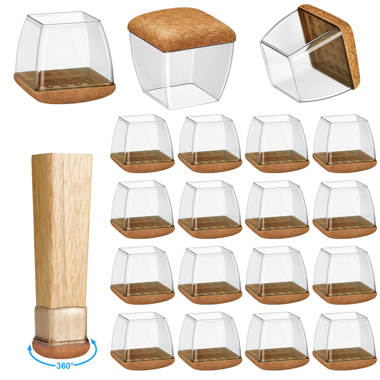 16 Pack Chair Leg Floor Protectors Square for Hardwood Floors, Rubber Furniture Sliders, 360°Felt Pad Bottom Wrapped Thickening Silicone Furniture Legs Caps Covers