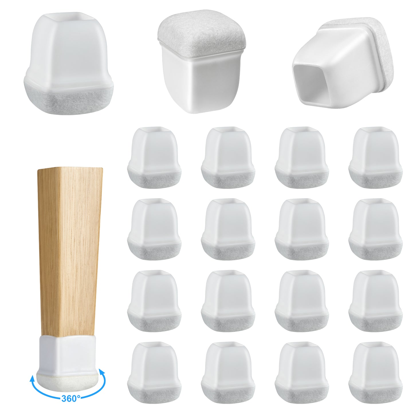 16 Pack Chair Leg Floor Protectors Square for Hardwood Floors, Rubber Furniture Sliders, 360°Felt Pad Bottom Wrapped Thickening Silicone Furniture Legs Caps Covers