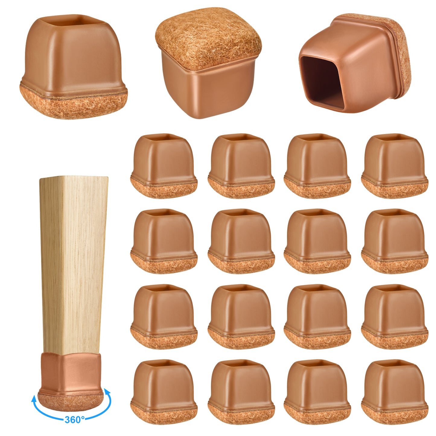 16 Pack Chair Leg Floor Protectors Square for Hardwood Floors, Rubber Furniture Sliders, 360°Felt Pad Bottom Wrapped Thickening Silicone Furniture Legs Caps Covers