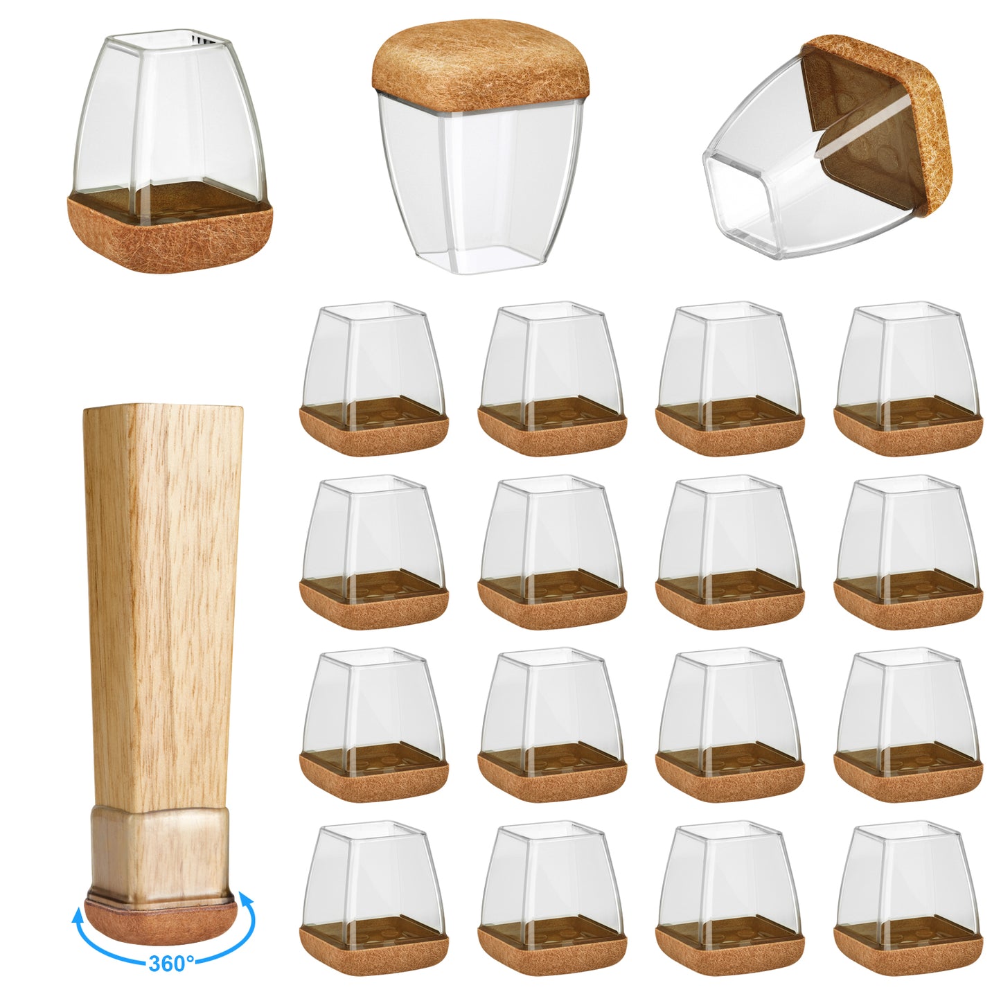 16 Pack Chair Leg Floor Protectors Square for Hardwood Floors, Rubber Furniture Sliders, 360°Felt Pad Bottom Wrapped Thickening Silicone Furniture Legs Caps Covers